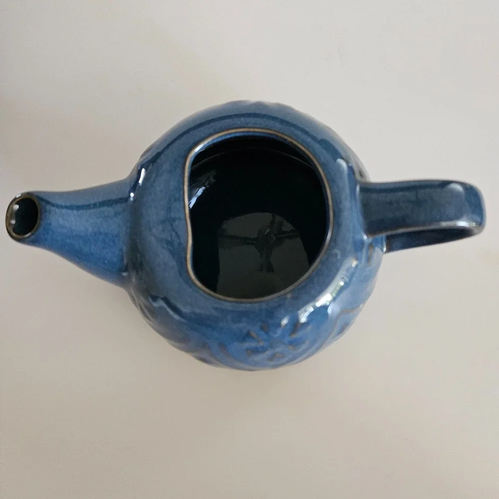 Pier 1 Blue Stoneware Stackable Tea Set Tea Pot Lid and Cup Mug Glazed